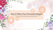 Floral presentation slide featuring elegant roses and pastel flowers with a beige text box in the center.