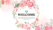 A floral themed welcome slide with pastel flower border, handshake icon and greeting text at center on a white background.