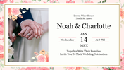 Floral-themed wedding invitation slide featuring a couple's hands and space for wedding details such as date and venue.