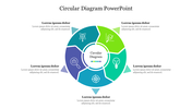 Circular diagram PowerPoint slide with five multicolored segments, each containing an icon and a text box around the center.