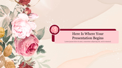 Pink and red roses with gold leaves on a soft peach background, paired with a rectangular text box and floral icon.