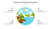 Water cycle diagram showing precipitation, collection, evaporation, and condensation with a circular flow illustration.