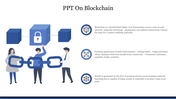 Slide with an image of blocks and chains, and text explaining decentralized ledgers and business applications with icons.