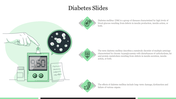 Diabetes-themed illustrations, including a glucometer and icons with placeholder and a hand using a glucometer.