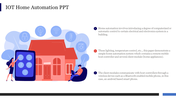 PPT slide on IoT home automation showing a smart house controlled by a mobile device with colored icons.