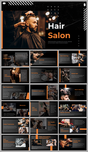 Hair salon slide deck showcasing various services with images of haircuts, styling, treatments, and salon experiences.