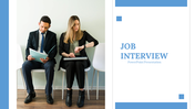 Slide deck with various job interview themes, including preparation, and body language, with images in blue accents.