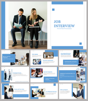 Slide deck with various job interview themes, including preparation, and body language, with images in blue accents.