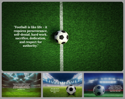 A pack of football background slides featuring a soccer ball on a green field with a motivational quote.