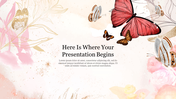 Beautifully designed slide with pastel tones, butterflies, and floral elements with placeholder text.