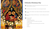 Christmas slide with a religious image, surrounded by flowers and candles, and detailed text area on the right.