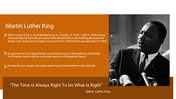 Slide with a photo of Martin Luther King Jr. on the right and biographical text on a brown background.