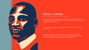 Graphic illustration of Martin Luther King Jr. against a bold red backdrop with details on the right.