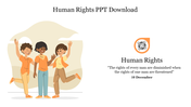 Illustration of three children celebrating, and a Human Rights quote with icon, set on a white background.