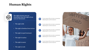 Human rights presentation slide listing fundamental rights with an image of a protester holding a united we stand' sign.