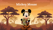 Slide pack with Mickey Mouse in safari gear on an orange toned landscape, showing cartoon illustrations in colorful backdrop.