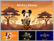 Slide pack with Mickey Mouse in safari gear on an orange toned landscape, showing cartoon illustrations in colorful backdrop.