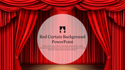 Red velvet stage curtains are drawn to the side with a circular text overlay in the center.