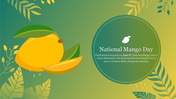 Illustration of a whole and sliced mango with leafy yellow gradient background and a green circular design with title.