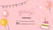 Pink birthday invitation with balloons, cake, and bunting. Event details: July 30, Friday, October 3rd, 6 PM, 123 Birthday Street, NYC.