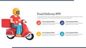 Food delivery person on a red scooter, wearing a yellow helmet, with four colored icons representing services.