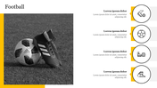 Black and white image of a football and boot on a grassy field with icons and placeholder text on the right.