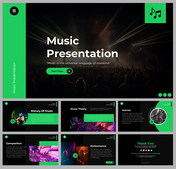 Music slides with green and black theme, covering its theory, genres, composition, and performance.