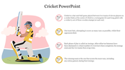 Illustrated cricketer kneeling with a bat, alongside bullet points explaining the rules and gameplay of cricket.