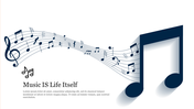 A large blue musical note on the right with a flowing line of music icons and text on the left.