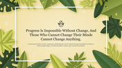 Nature inspired background slide featuring large green leaves surrounding a quote and placeholder text.