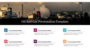 Oil and gas themed slide with a ship and refinery background, and six colorful blocks for text content at the bottom.