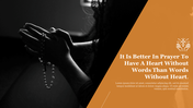 Prayer-themed background slide featuring hands holding a rosary and spiritual quote on an orange background with text area.