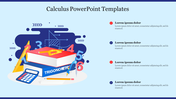 Calculus themed slide highlighting a colorful design with numbers and geometry elements with text captions on a blue theme.