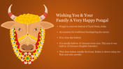 Pongal festival slide featuring a traditionally adorned bull with vibrant flowers on an orange background.