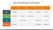 Daily task management slide with a weekly schedule showing tasks by day and hour.