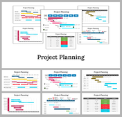 Collection of project planning slides with Gantt charts and timelines, using different colors to represent task durations.