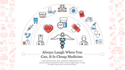 Semi-circular arc of colorful medical icons above a caduceus symbol, with centered text below, on a white background.