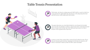 Illustration of two players at a table tennis match on a purple table, with three circular icons and text on the right.