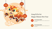 Chinese new year slide with a traditional lion dance illustration and hanging lanterns, and greeting text with placeholders.