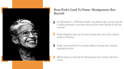 Grayscale portrait of Rosa Parks on a black background with orange borders, next to a placeholder text.