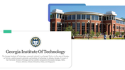 A red brick university building with large windows and greenery in front, alongside the Georgia institute of technology logo.