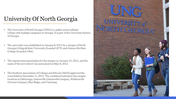 UNG slide featuring historical and location details, with students photo on campus in the right section.