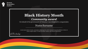 Black history month certificate template with white text on a black background and a colorful wavy ribbon at the bottom.