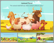 Slide deck with group of farm animals, including cows, pigs, and sheep, in a field with quotes in a bright, cartoon style.