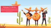 Slide featuring three musicians in traditional mexican attire playing guitars and trumpet with a desert background and cacti.