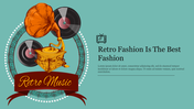 Illustration of a vintage gramophone with vinyl records and text about retro fashion, all set on a teal background.