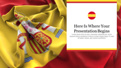 Presentation cover slide featuring a close-up of the Spanish flag with placeholder text and a circular flag icon.