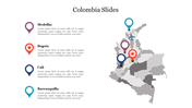 Map of colombia highlighting key cities medellin, bogota, cali, and barranquilla with corresponding markers.