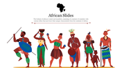 African cultural slide showing different tribal figures with unique costumes and accessories.