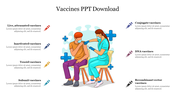 Illustration of a healthcare worker vaccinating a person in the center, with vaccine types listed on both sides.